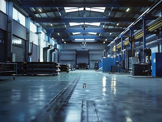 Empty Factory Interior with Shiny Floor 3D Render