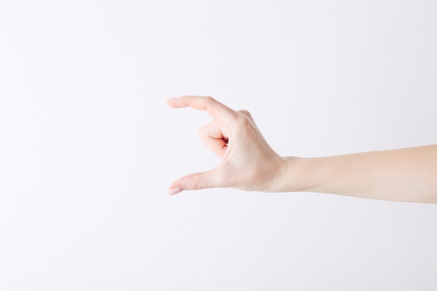 Empty female hand making gesture like holding something on white.