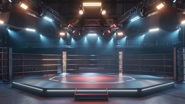 empty fighting arena with light and spotlights on background mock up for design