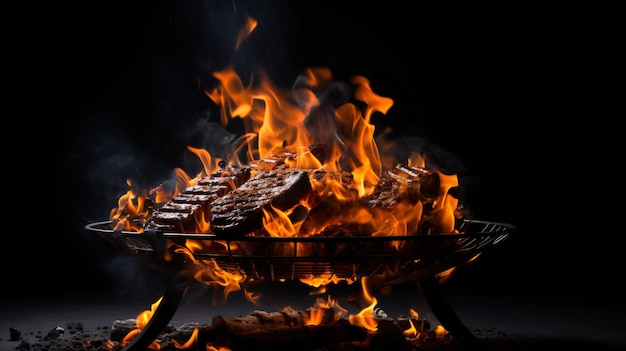 Empty flaming charcoal grill with open fire