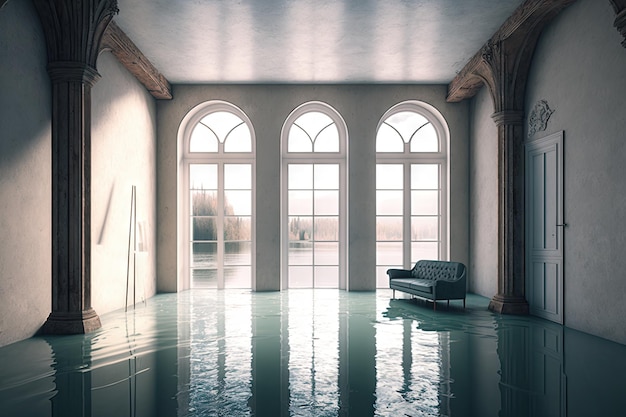 Empty flooded flat interior with high ceiling and large window created with generative ai