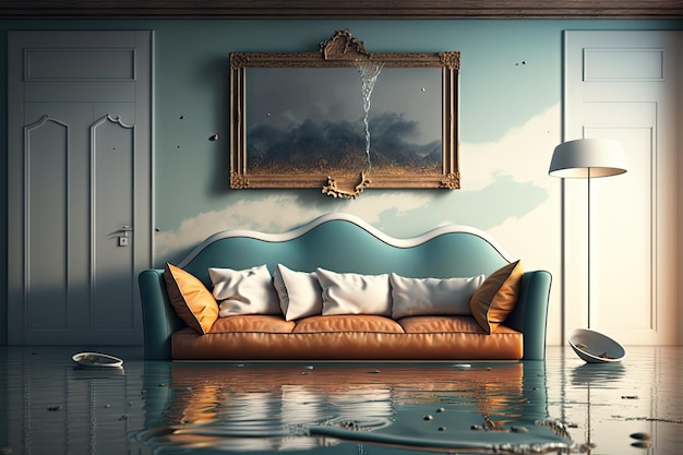 Empty flooded flat interior with sofa on soaked carpet created with generative ai