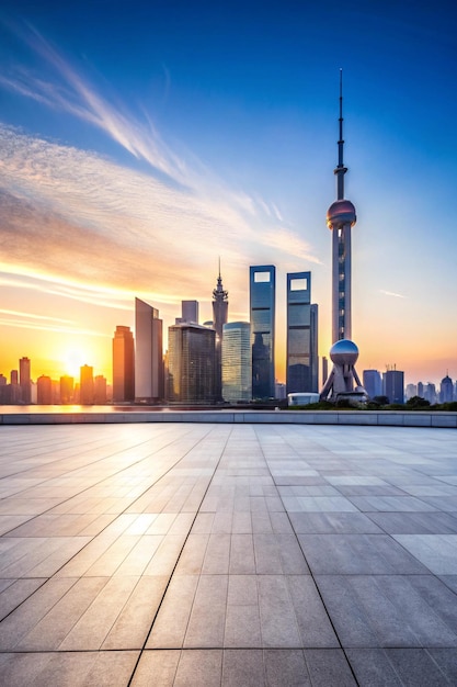 Photo empty floor and modern city skyline with building at sunset in shanghai china