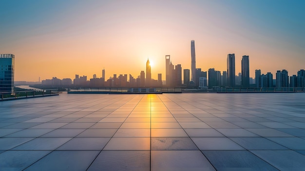 Empty floor and modern city skyline with building at sunset in Suzhou Jiangsu Provin Generative AI