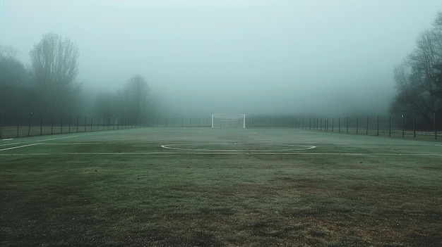 Photo an empty foggy football field with the goalposts barely visible