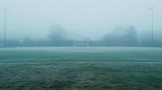 An empty foggy football field with the goalposts barely visible