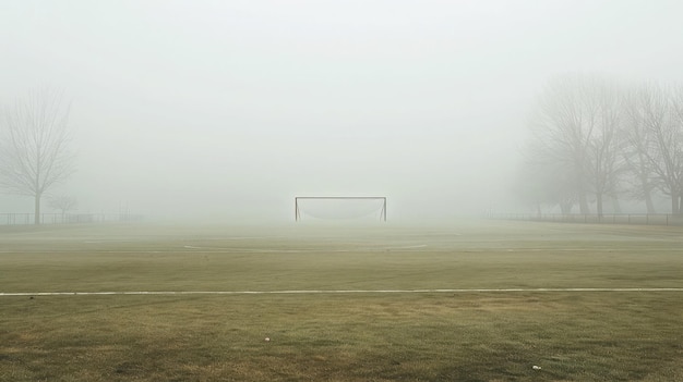 Photo an empty foggy football field with the goalposts barely visible