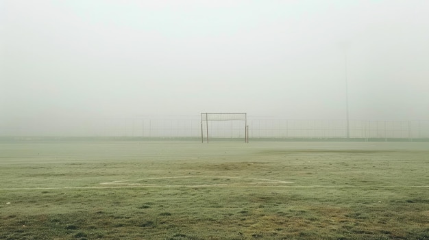 Photo an empty foggy football field with the goalposts barely visible