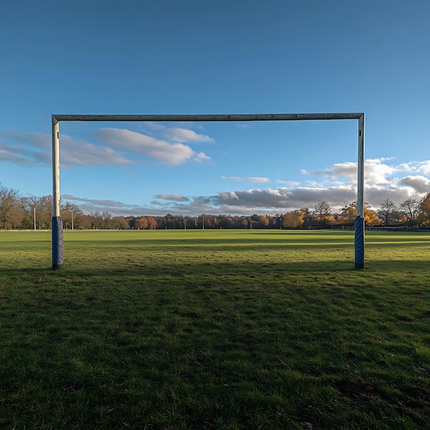 Photo empty football goal on a green field with a blue sky and clouds