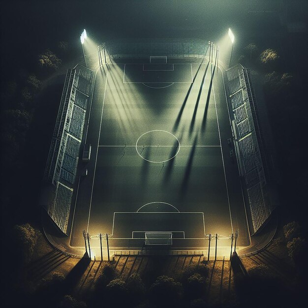 Empty football ground illuminated with cinematic lighting creates an atmospheric ambiance