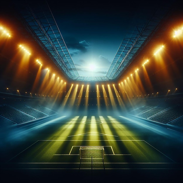 Empty football ground illuminated with cinematic lighting creates an atmospheric ambiance