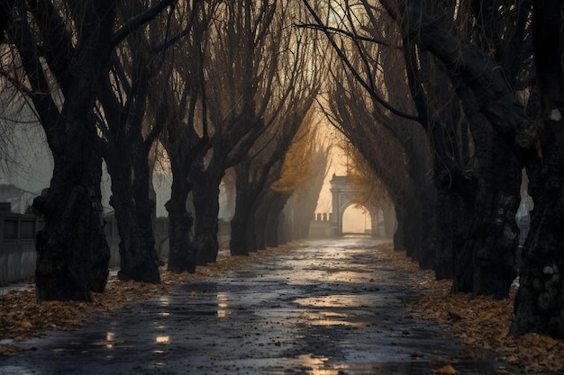 Empty footpath amidst bare trees in forest