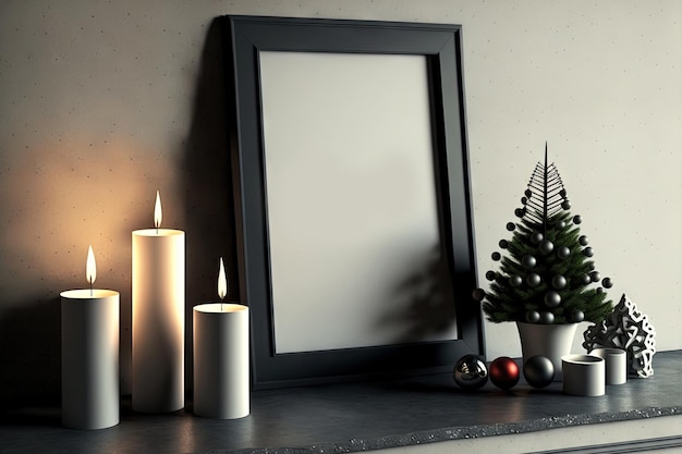 An empty frame on a concrete fireplace with a Christmas stylish decor