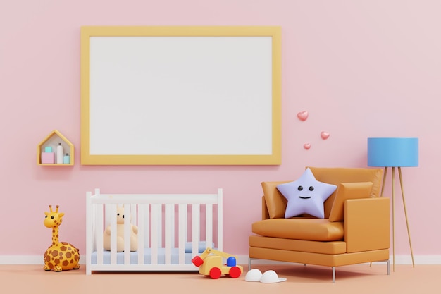 Empty frame mockup in baby kid room with doll and toy nursery children room 3D rendering