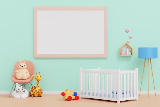 Empty frame mockup in baby kid room with doll and toy nursery children room 3D rendering