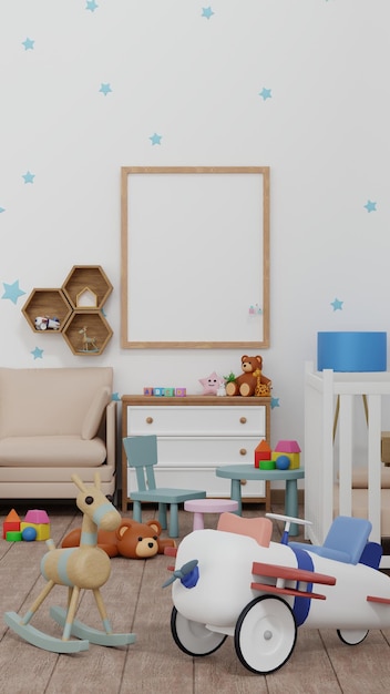 Empty frame mockup in baby kid room with doll and toy nursery children room vertical mobile wallpaper 3D rendering