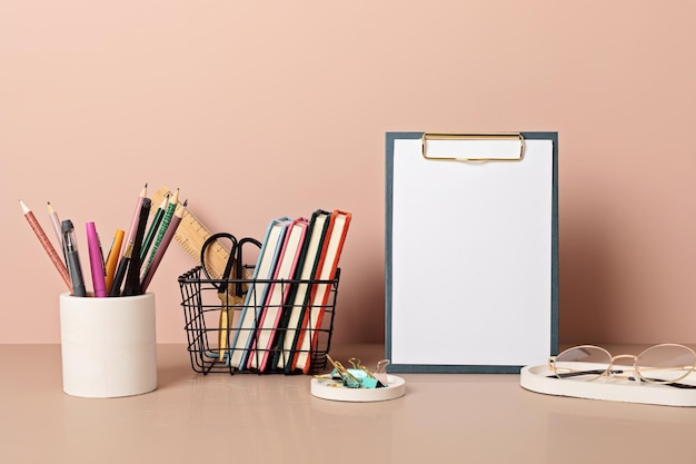 Empty frame mockup desktop organizer with school stationary and office supplies