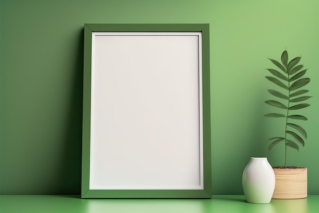 An empty frame on a table against a green wall