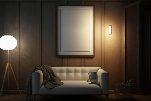 An empty frame template on a wooden wall in a nighttime setting Floor lamp and comfortable sofa