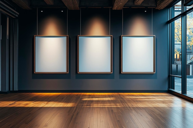 Photo empty frames on the wall in a modern gallery with wooden floor and large windows