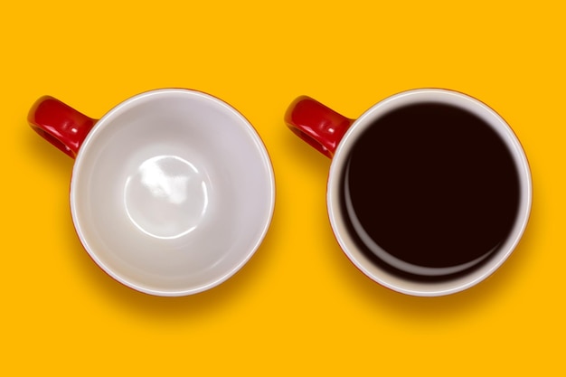 Empty and full red cups Coffee set on a yellow background