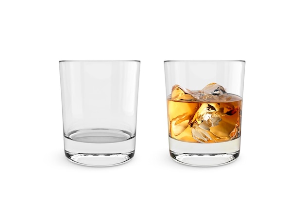 Empty and full whiskey glass isolated on white background