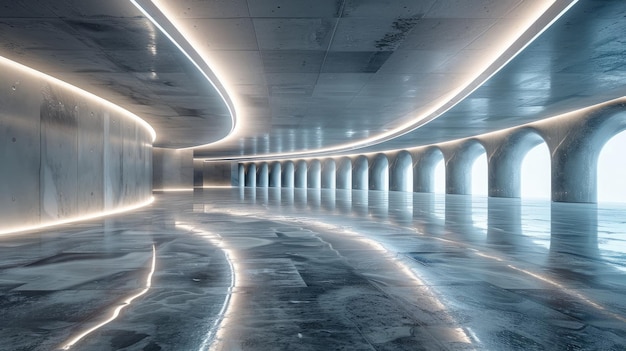 Empty futuristic garage with smooth polished floors and lighting