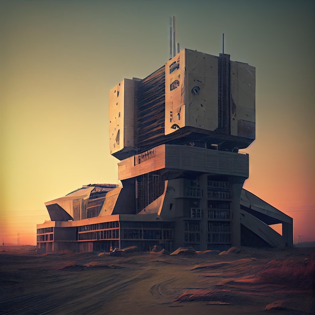 Empty futuristic huge building at dawn in postapocalyptic city