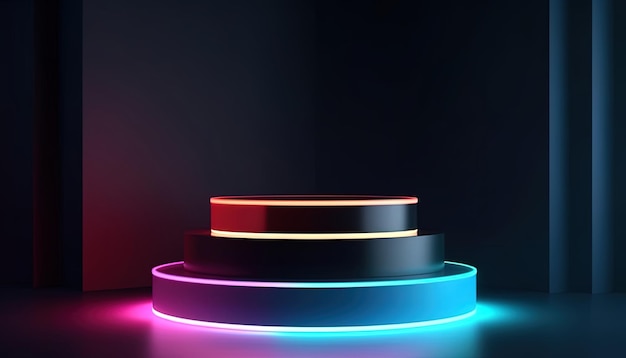 Empty futuristic podium with neon lights for product presentation Template mockup