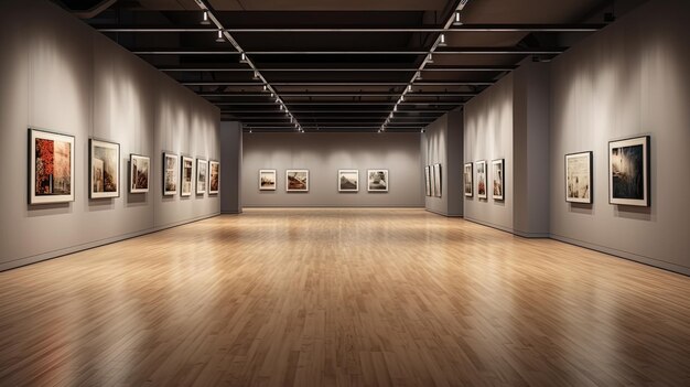 An empty gallery hall with moka paintings on the walls