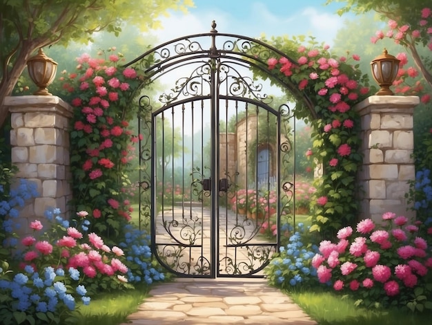 An empty garden scene with a charming wroughtiron gate adorned with blooming flowers and vines This could serve as a beautiful entryway or transition scene