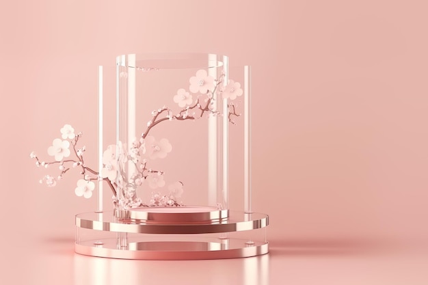 Empty geometric glass podium for product display on pink background with cherry blossoms Generative AI illustration