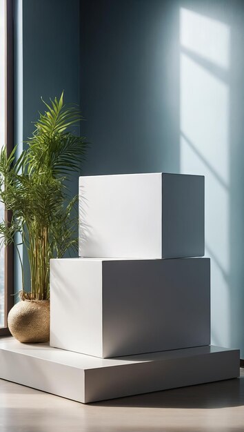 Photo an empty geometric podium for the demonstration and installation of a product cosmetics near the window in a room with chiaroscuro on the wall ray of light potted plant minimalism ai generated