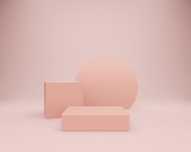 Empty geometric podiums on pink pastel 3D rendering.