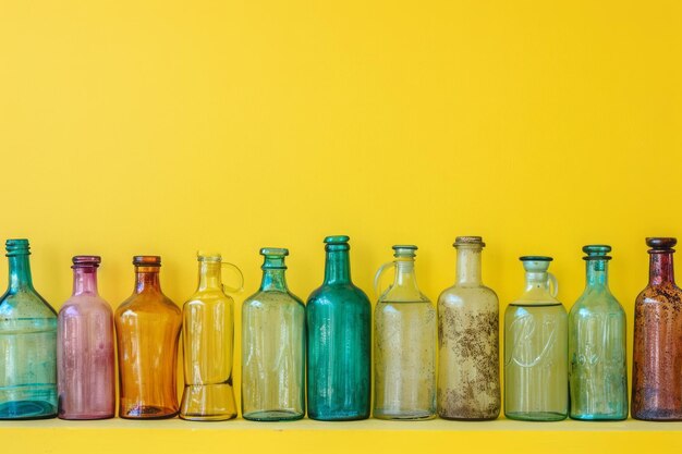 Photo empty glass bottles of different sizes and colors on a yellow background