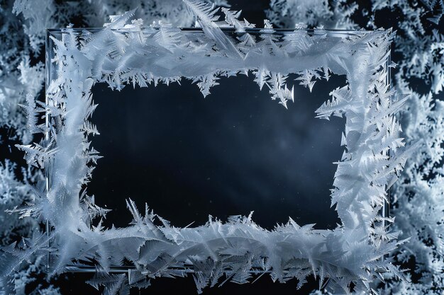 Photo empty glass frame with cold effect and frost on black background