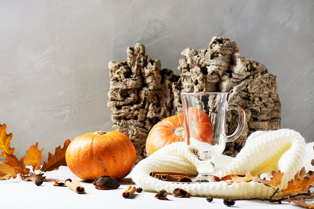 An empty glass of irish stands of tree bark on a knitted scarf, pumpkins