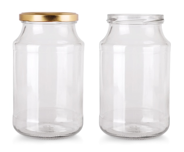 Empty glass jar isolated on white background