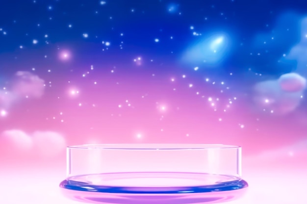 Empty glass round podium on beauty cloudy night cosmic sky background with stars