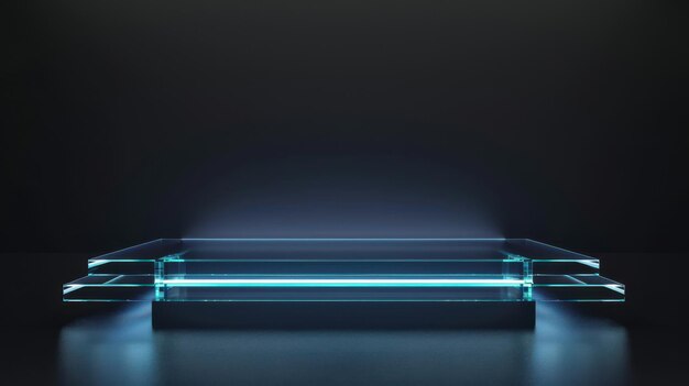 Photo empty glowing podium illuminated by blue light in a dark studio futuristic display platform for product presentation or advertisement