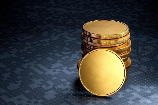 Empty gold coins on digital background 3d render