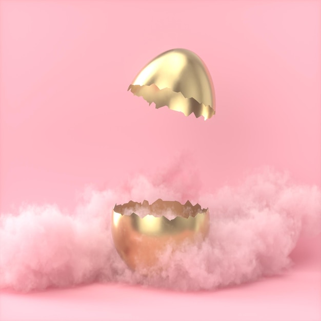 Empty golden crack egg shell with dreamy cloud decoration 3d rendering