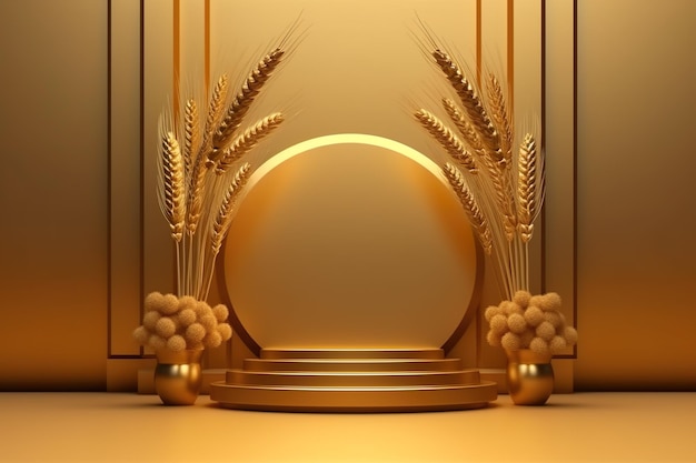 Empty Golden Podium showcase for cosmetic products Plant Spikelets