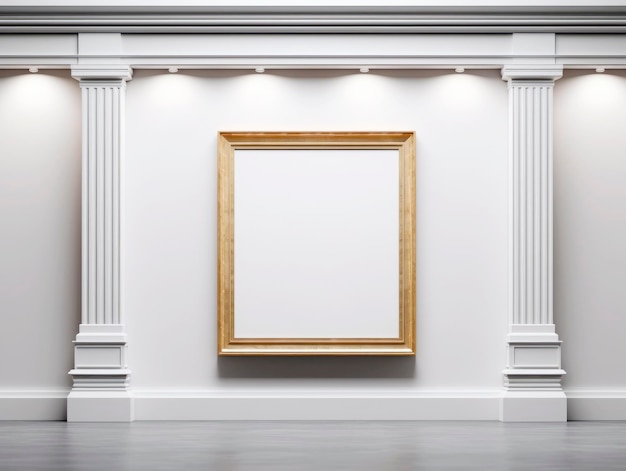 Photo an empty goldframed picture on a white wall flanked by classical columns with spotlights above demonstrating a presentation concept generative ai