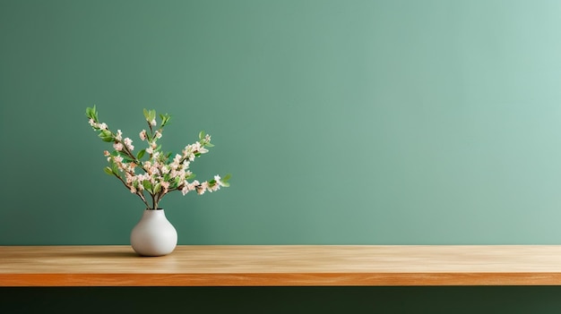 empty green ceramic table in front of green wall with copy space Generative AI illustrator