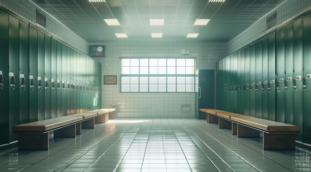 Empty green locker room with benches