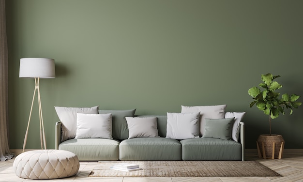 Empty green wall interior design in modern living room , green couch and white cushions Scandinavian style, 3d rendering