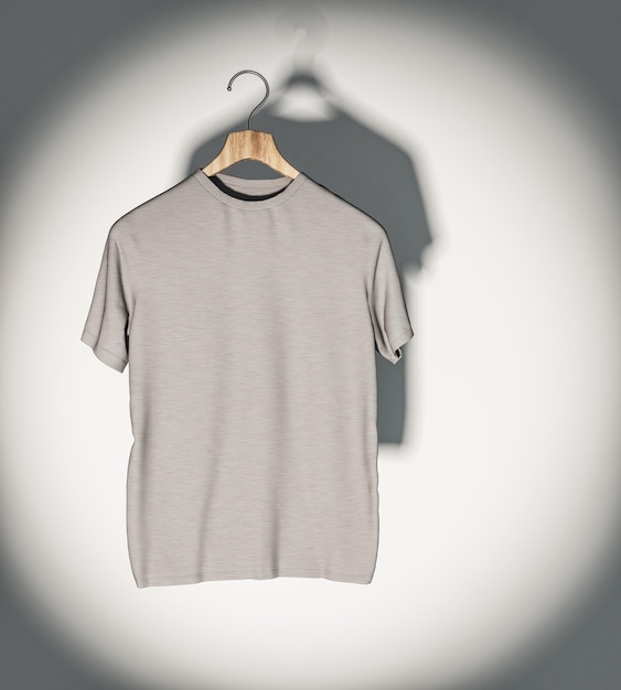 Empty grey tshirt in spotlight hanging on concrete wall Mockup and fashion concept 3D Rendering