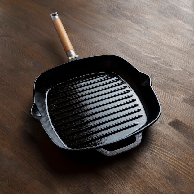 Empty grill pan for frying bbq on wooden table