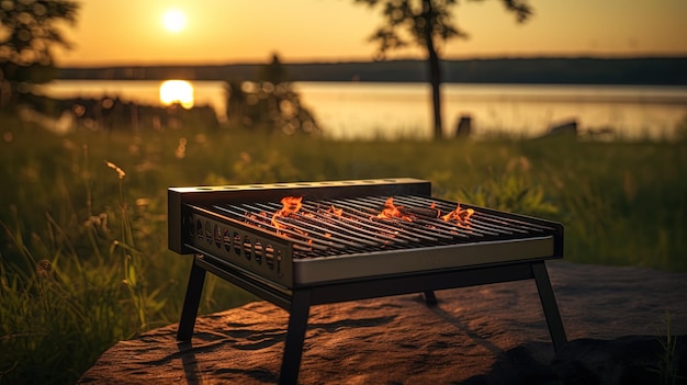 An empty grill on a summer evening with warm shades of sunset